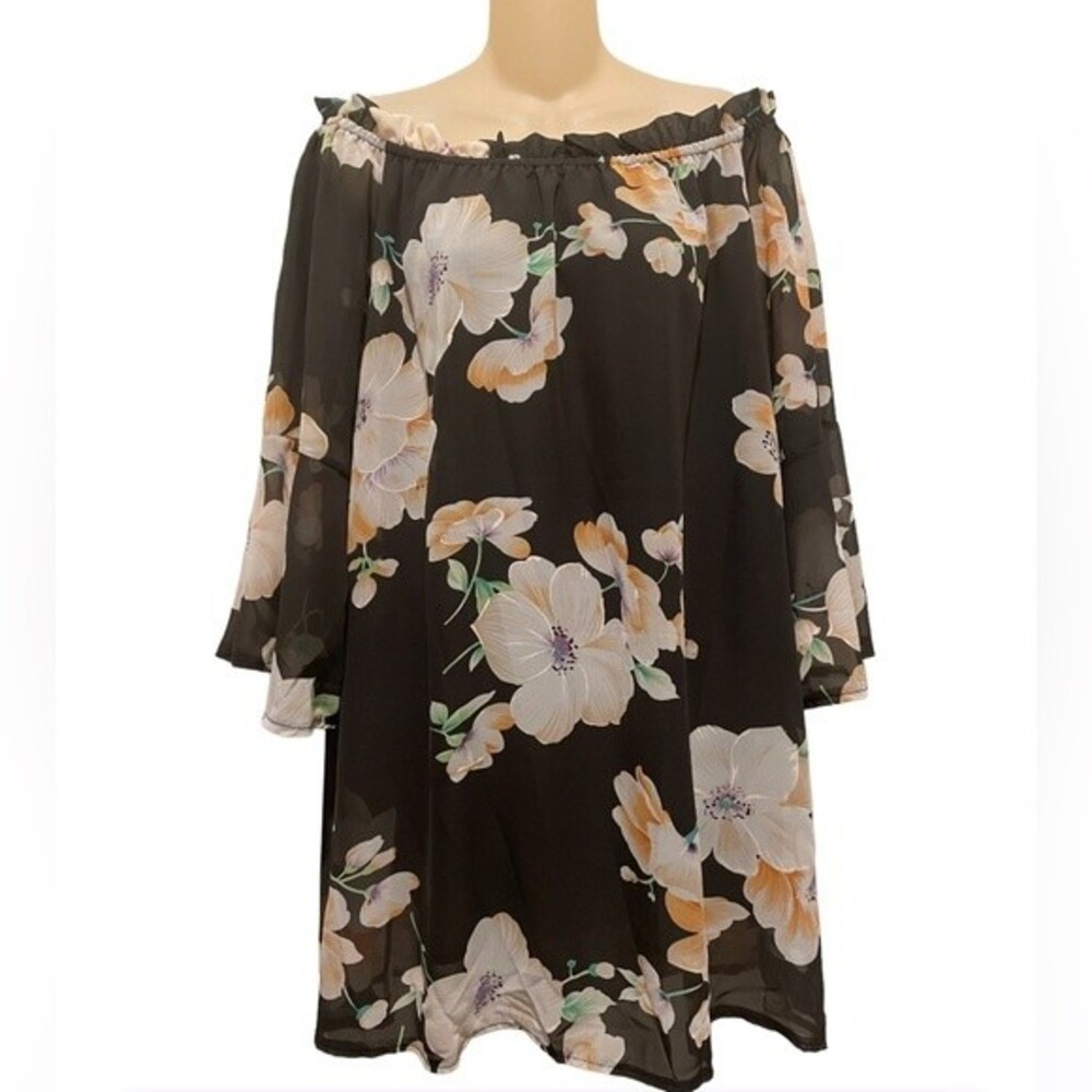 NWT White Mark Tunic Mini Dress Floral Off Shoulder Lined Bell Sleeve Size 2XL